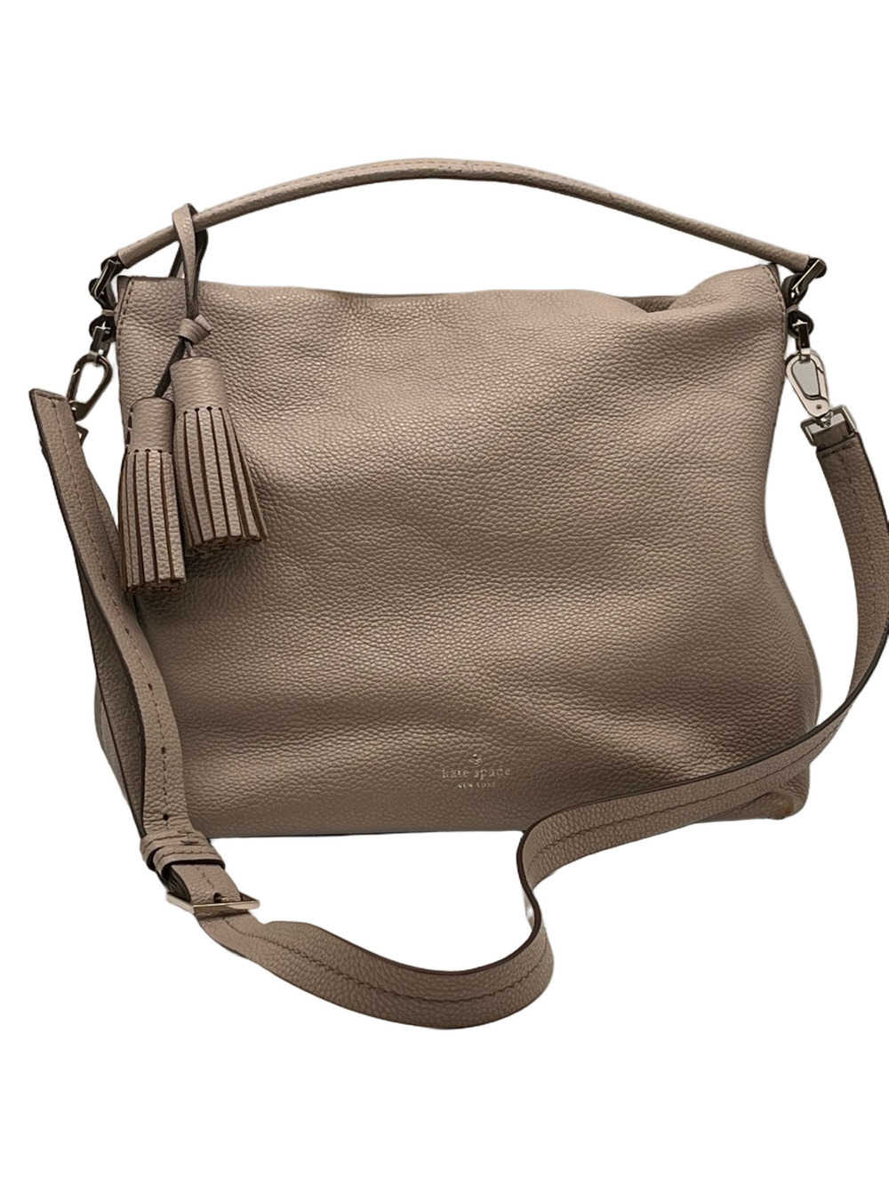 kate spade Taupe Pebbled Leather Shoulder Bag Tassels Crossbody Silver Metal